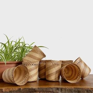 Boho Wicker Cup Cover or Small Planter Basket - Neutral Kitchen Decor 7pc set
